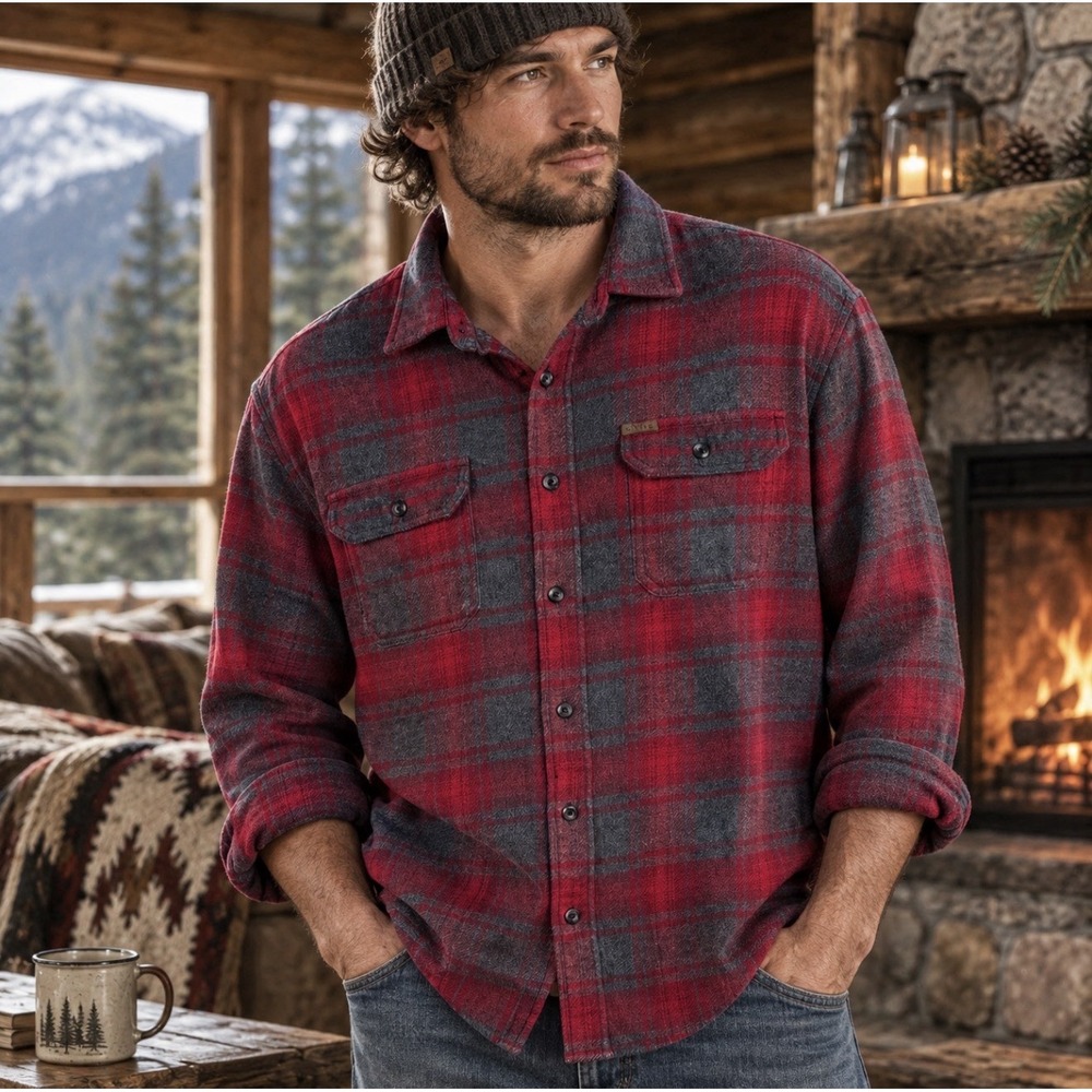 Orvis Men's XL Heavyweight Flannel Shirt Red and Dark Plaid Button Front 1312517